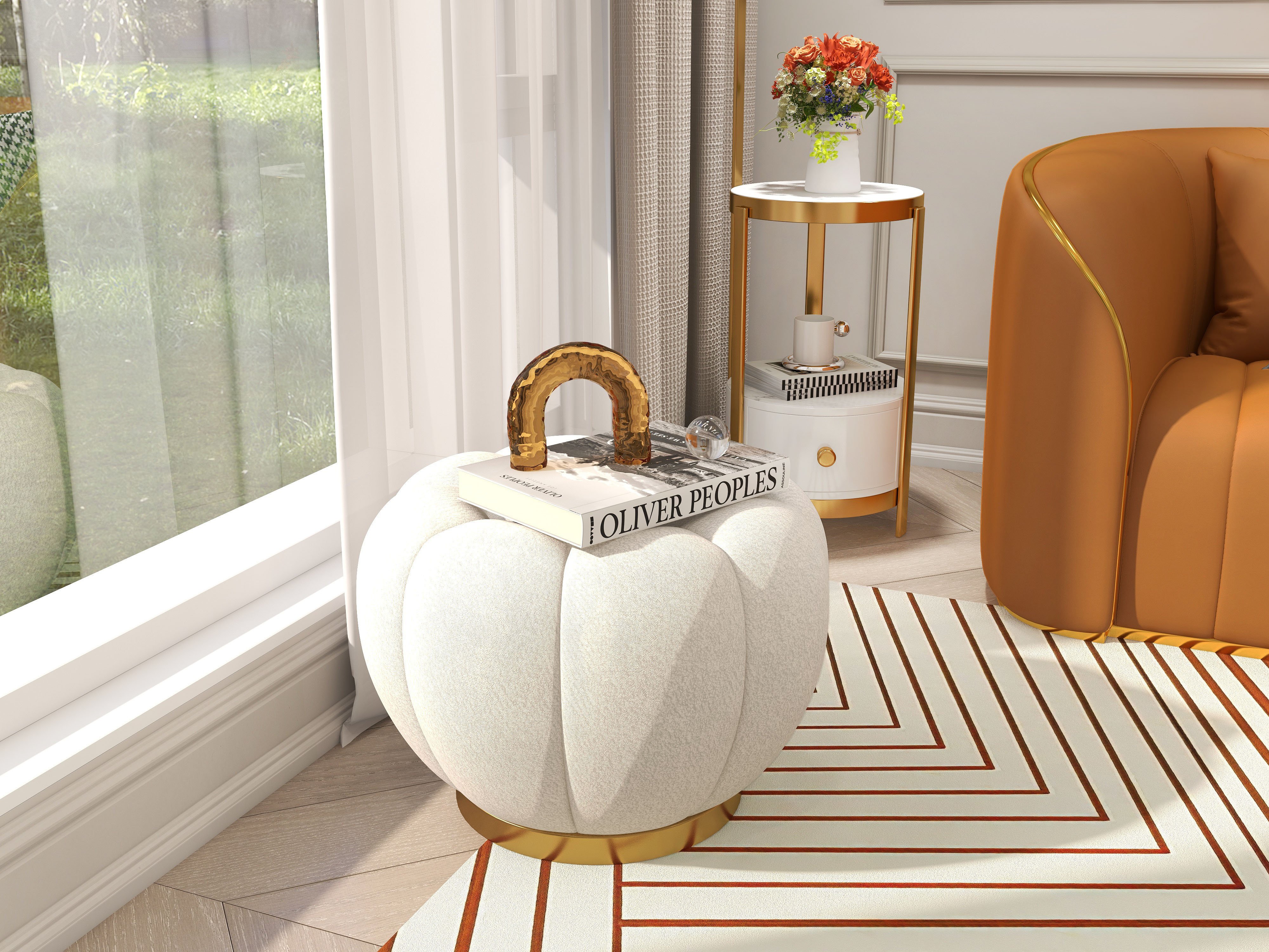 HMR - 23.6" Dia Modern White Cream Boucle Ottoman Pumpkin Pouf Ottoman Cloud Foot Stool