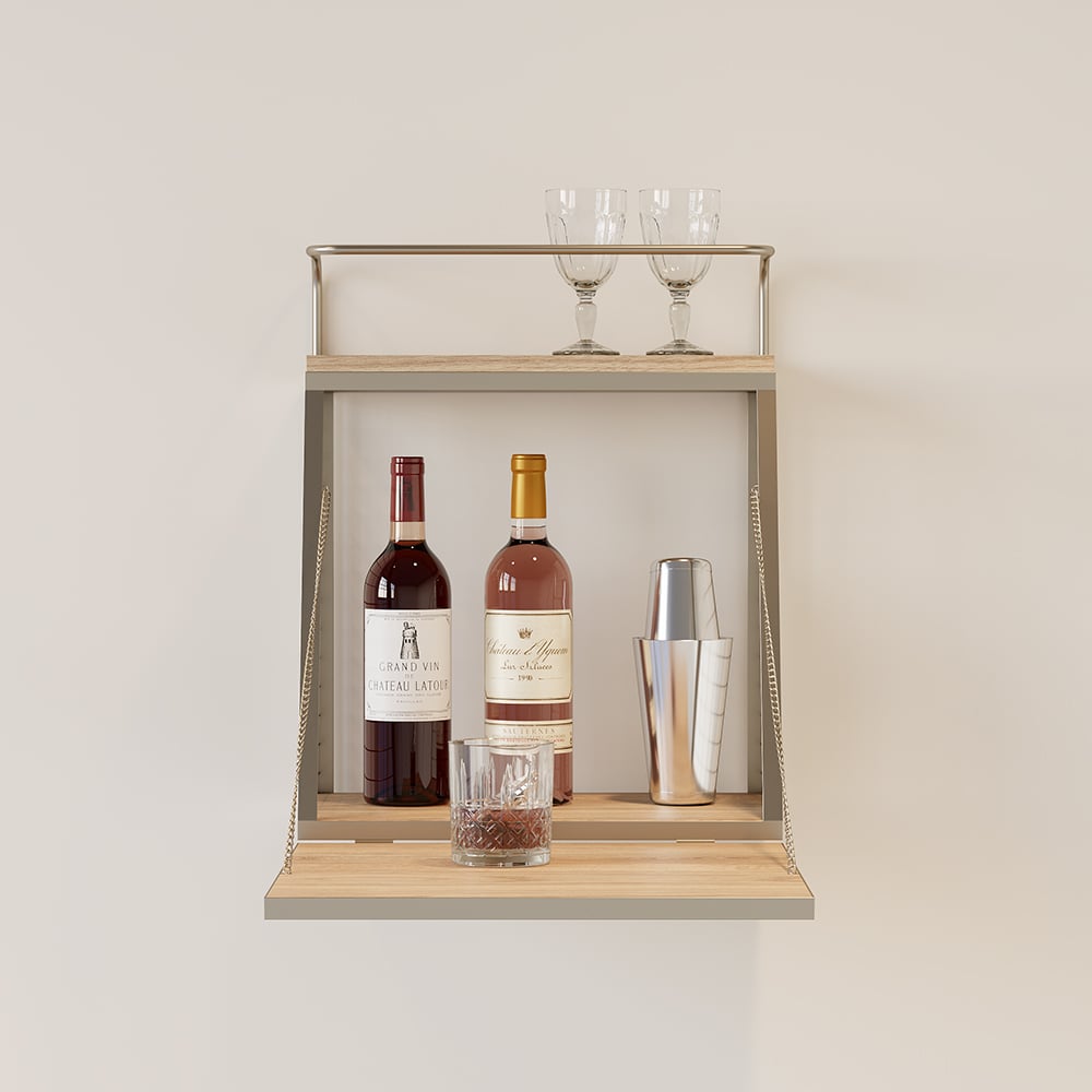 HMR - Industrial Floating Bar Table with Storage Natural Wood Hanging Cocktail Bar