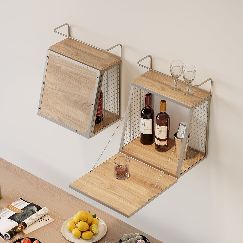 HMR - Industrial Floating Bar Table with Storage Natural Wood Hanging Cocktail Bar