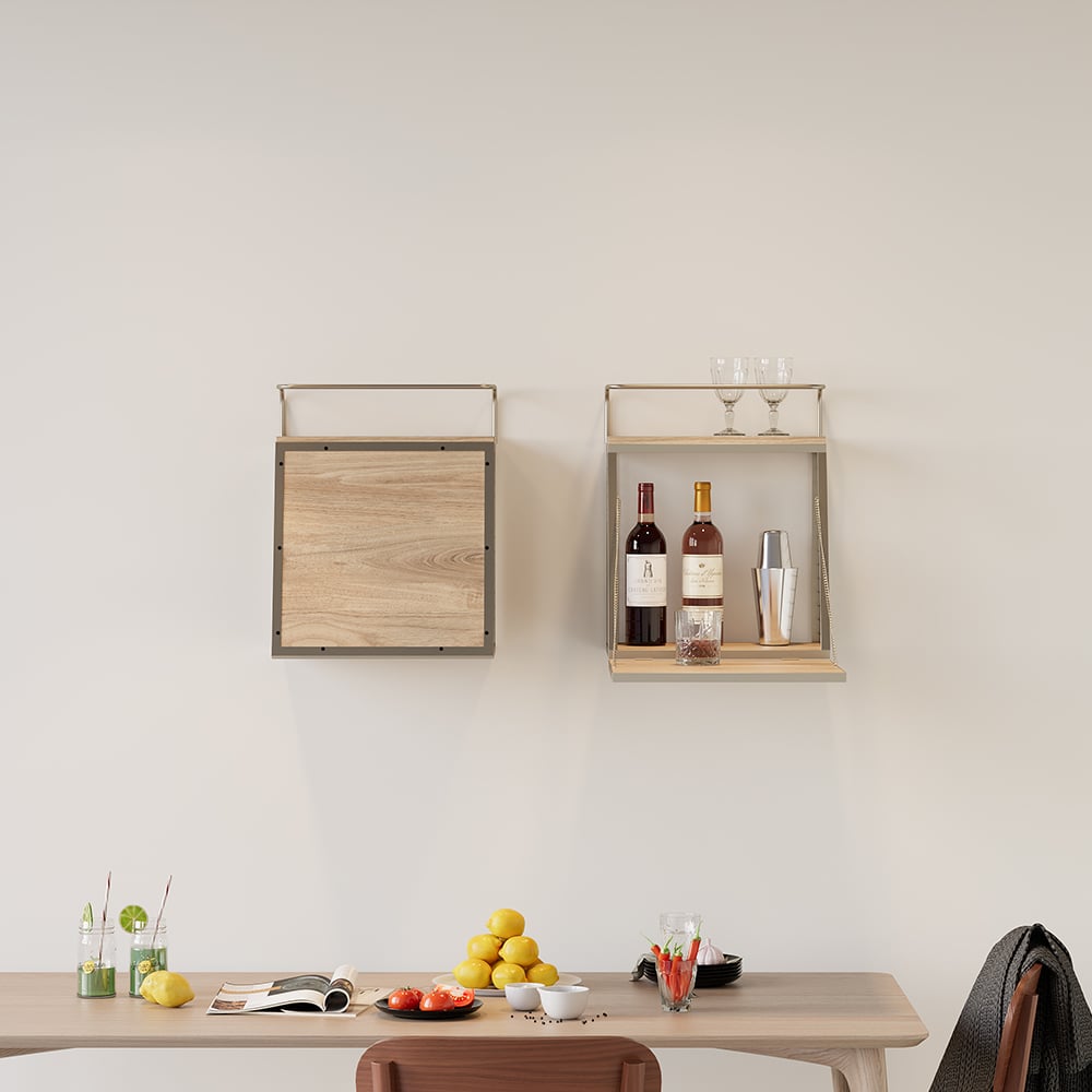 HMR - Industrial Floating Bar Table with Storage Natural Wood Hanging Cocktail Bar