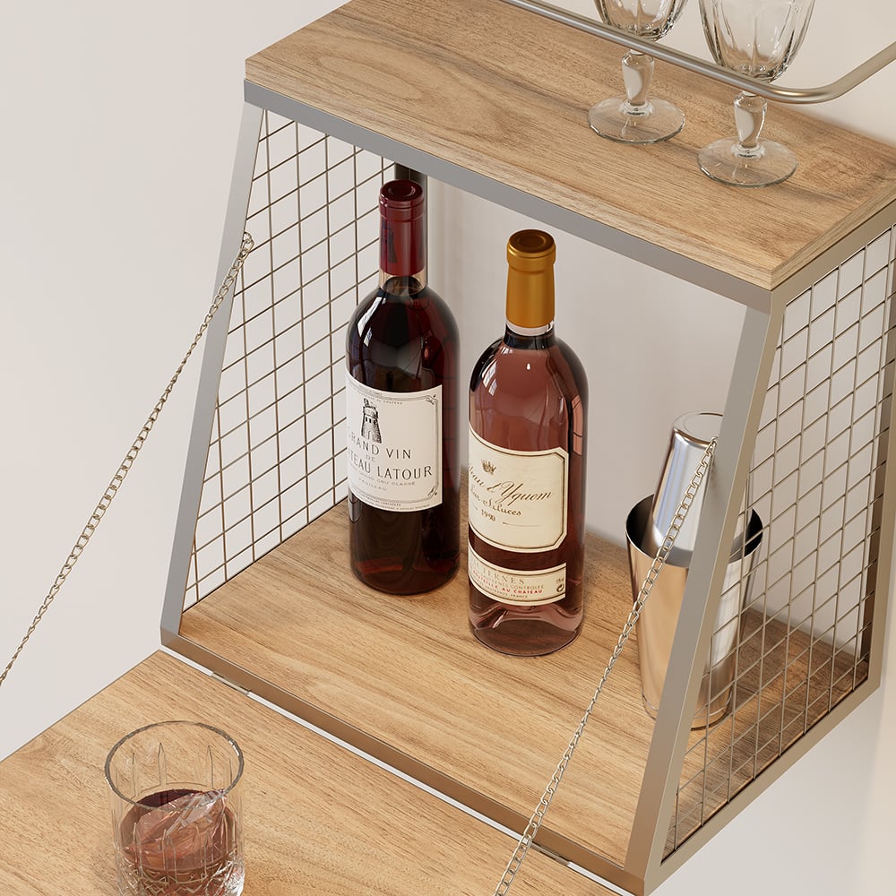 HMR - Industrial Floating Bar Table with Storage Natural Wood Hanging Cocktail Bar