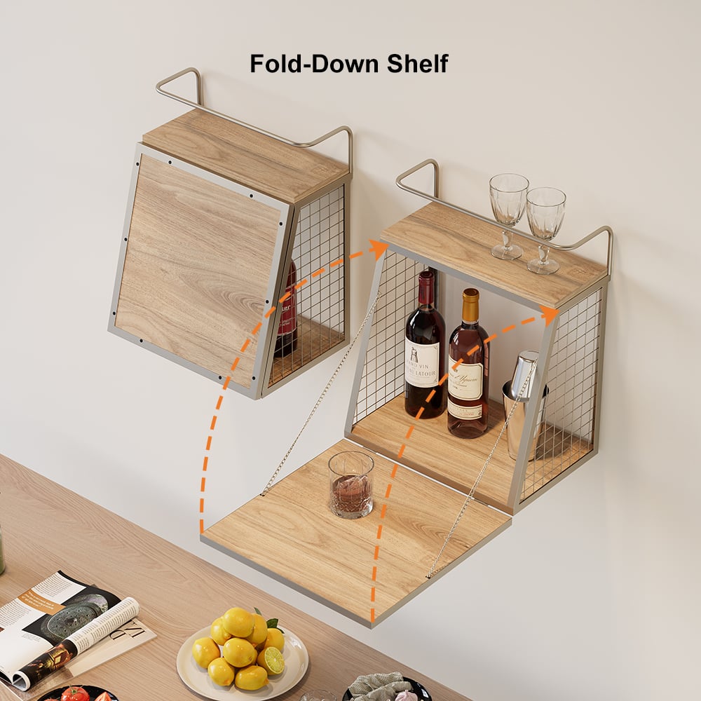 HMR - Industrial Floating Bar Table with Storage Natural Wood Hanging Cocktail Bar