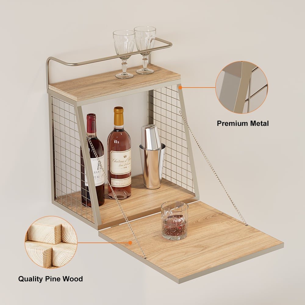 HMR - Industrial Floating Bar Table with Storage Natural Wood Hanging Cocktail Bar