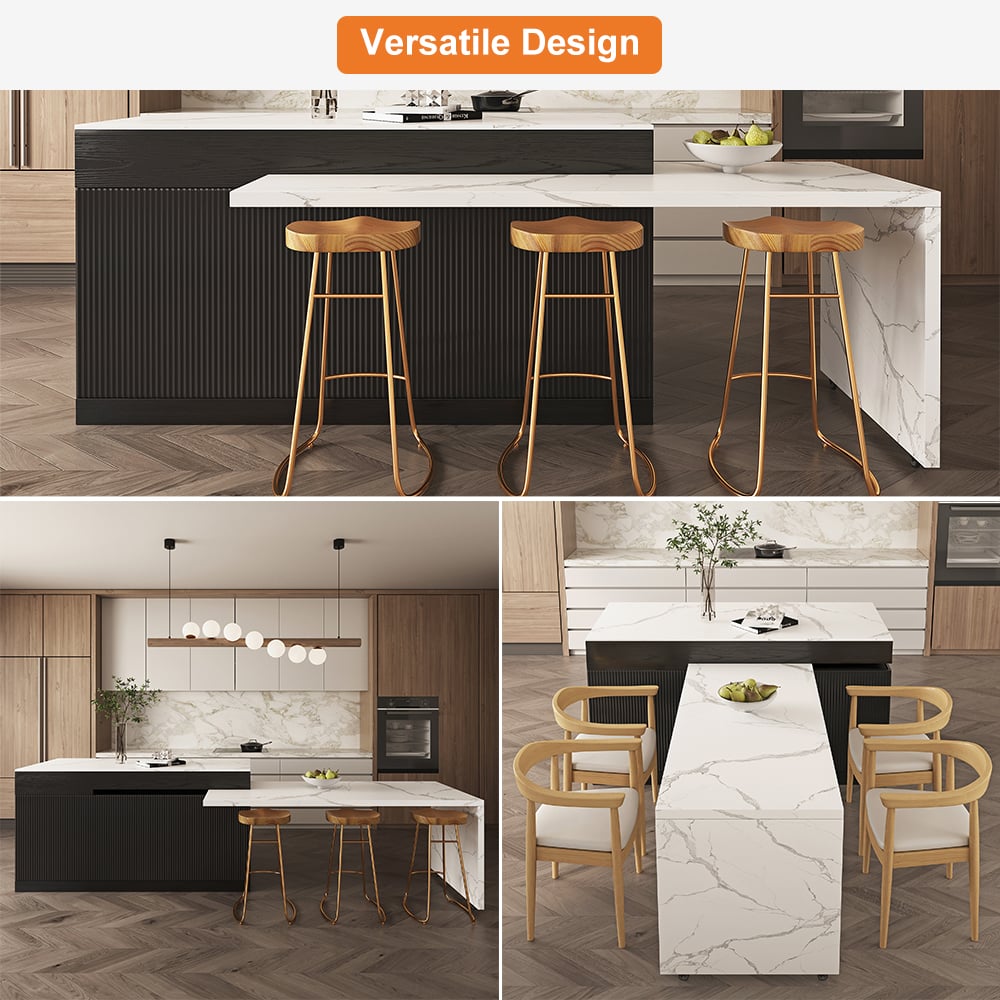HMR 82''-106" Extendable Kitchen lsland with Doors&Drawers - Black, Engineered Wood, Right-Hand Facing