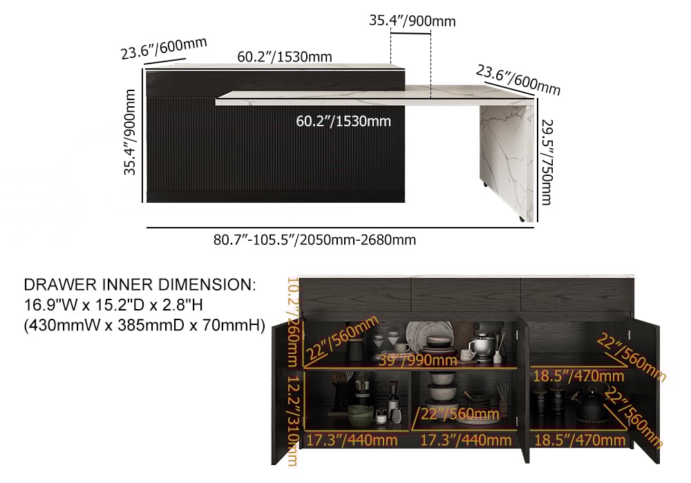 HMR 82''-106" Extendable Kitchen lsland with Doors&Drawers - Black, Engineered Wood, Right-Hand Facing