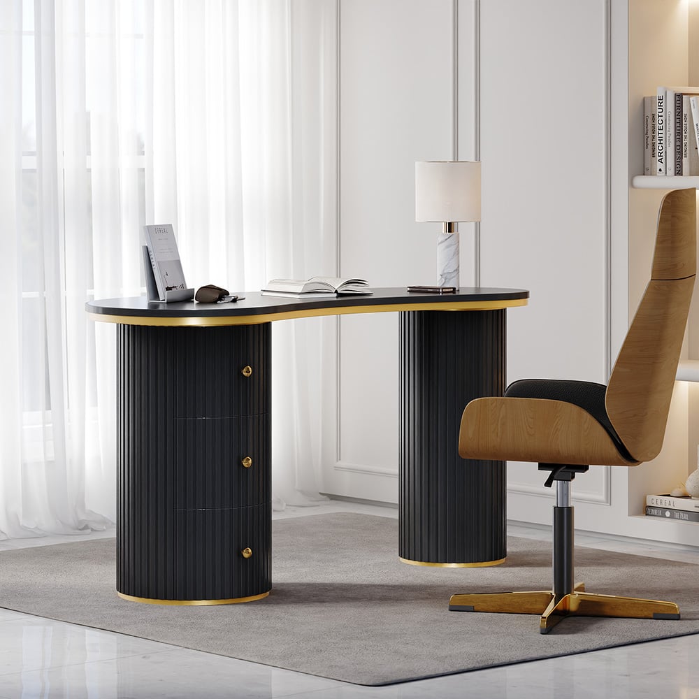 HMR 55.1" Modern Curved Desk 3-Drawer Wooden Home Office Desk Double Pedestal - Black
