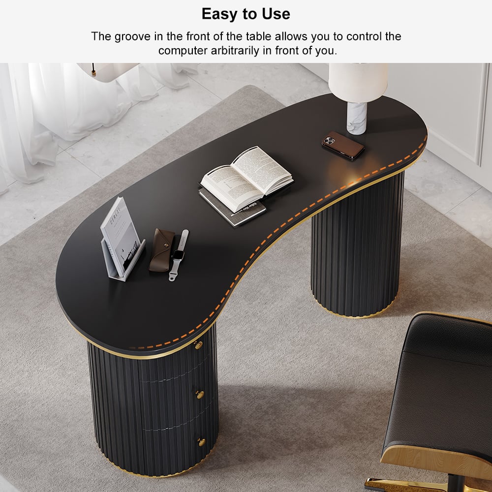 HMR 55.1" Modern Curved Desk 3-Drawer Wooden Home Office Desk Double Pedestal - Black