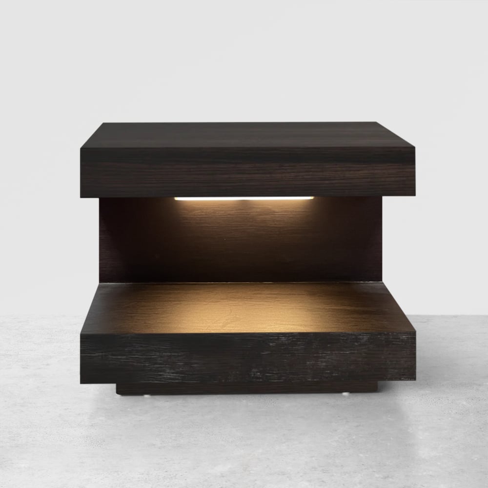 HMR Wood Nightstand with 1 Drawer C-shaped Side Table with Light - Dark Walnut, Set of 2