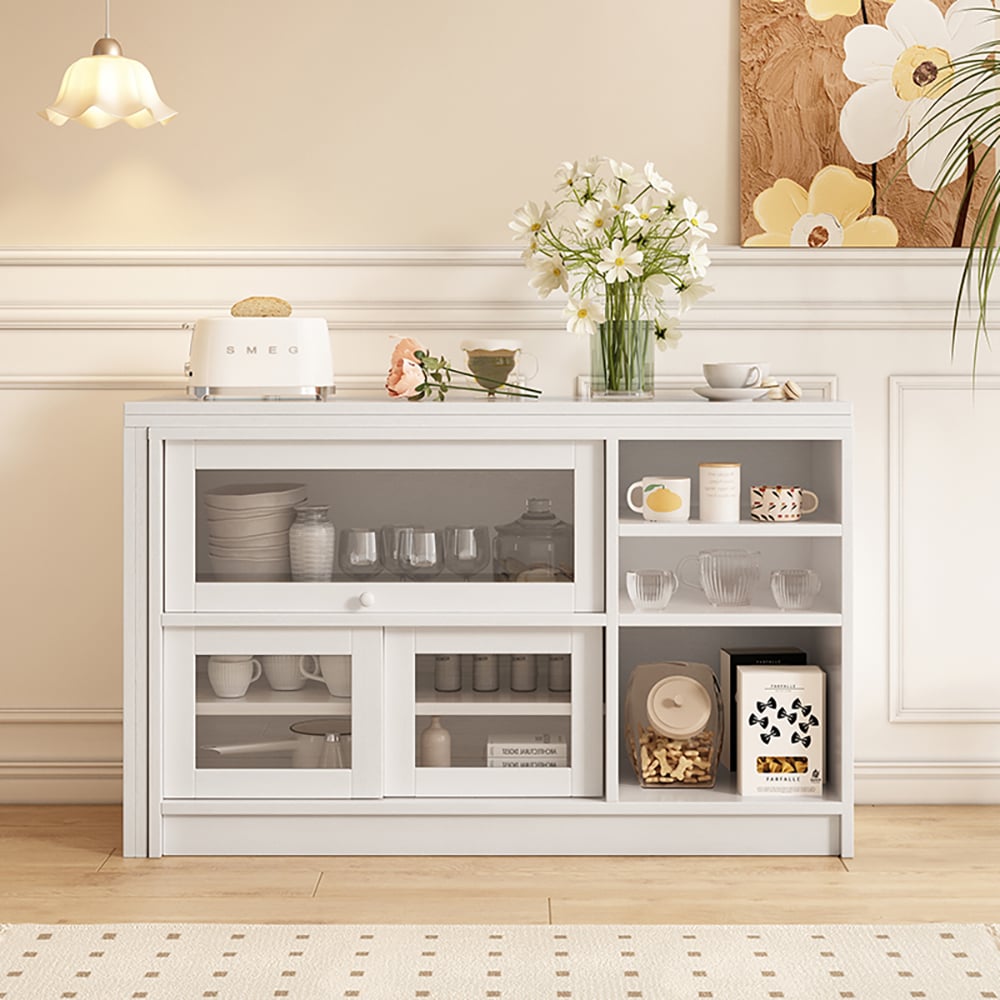 HMR Farmhouse Extendable Wood Sideboards and Cabinets with Ample Storage - White