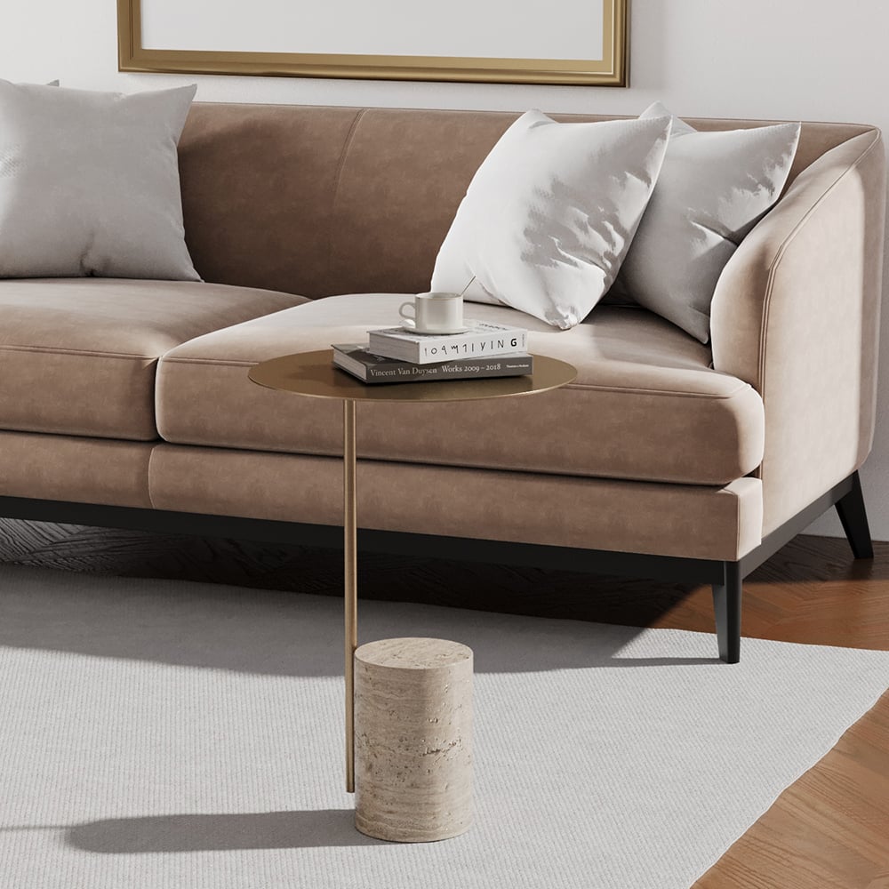 HMR - Beige Modern Stone Travertine Side Table with Stainless Steel in Gold Frame