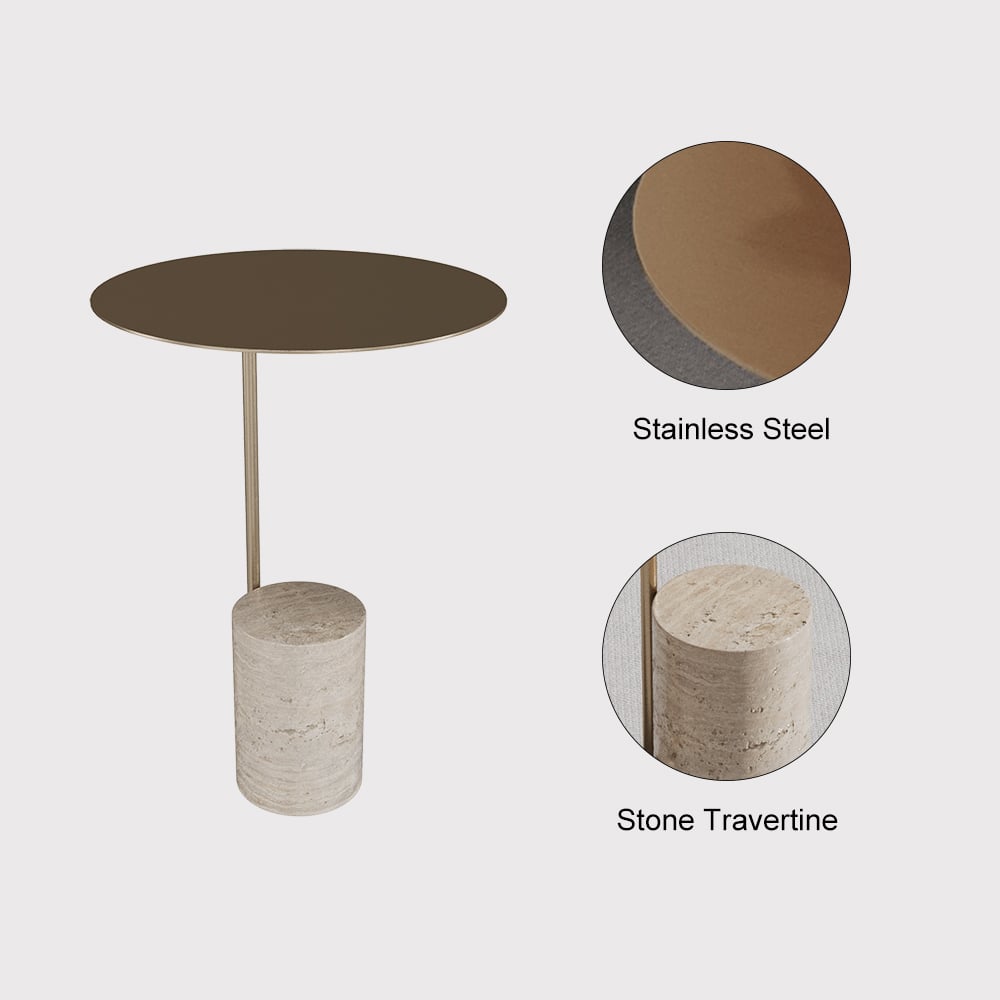 HMR - Beige Modern Stone Travertine Side Table with Stainless Steel in Gold Frame