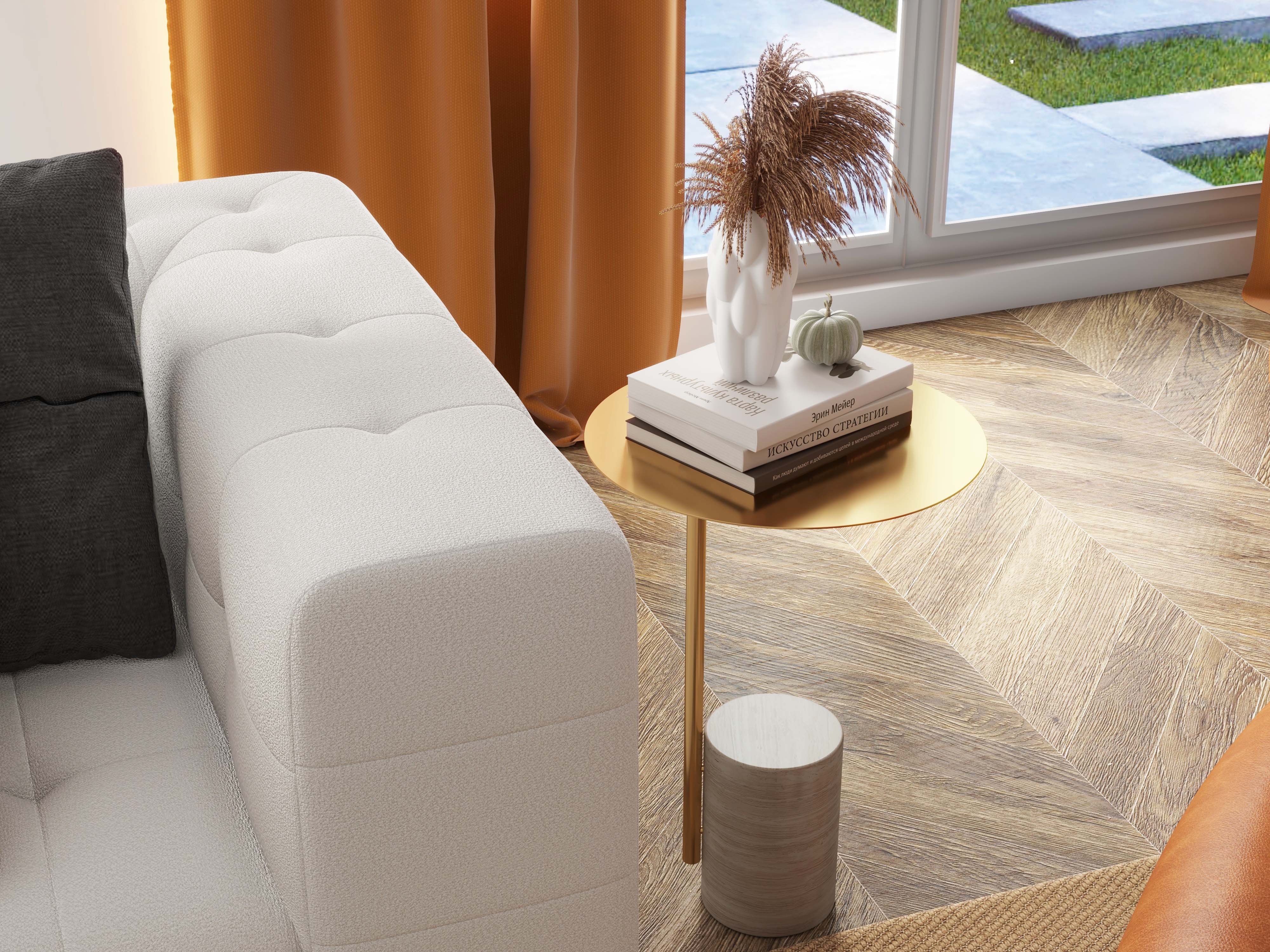 HMR - Beige Modern Stone Travertine Side Table with Stainless Steel in Gold Frame