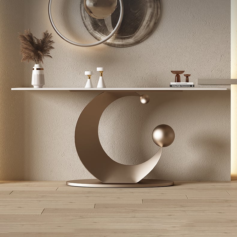 HMR - 47" Narrow Console Table White Sintered Stone Top & Half-Moon Carbon Steel Base