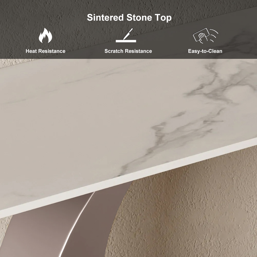 HMR - 47" Narrow Console Table White Sintered Stone Top & Half-Moon Carbon Steel Base