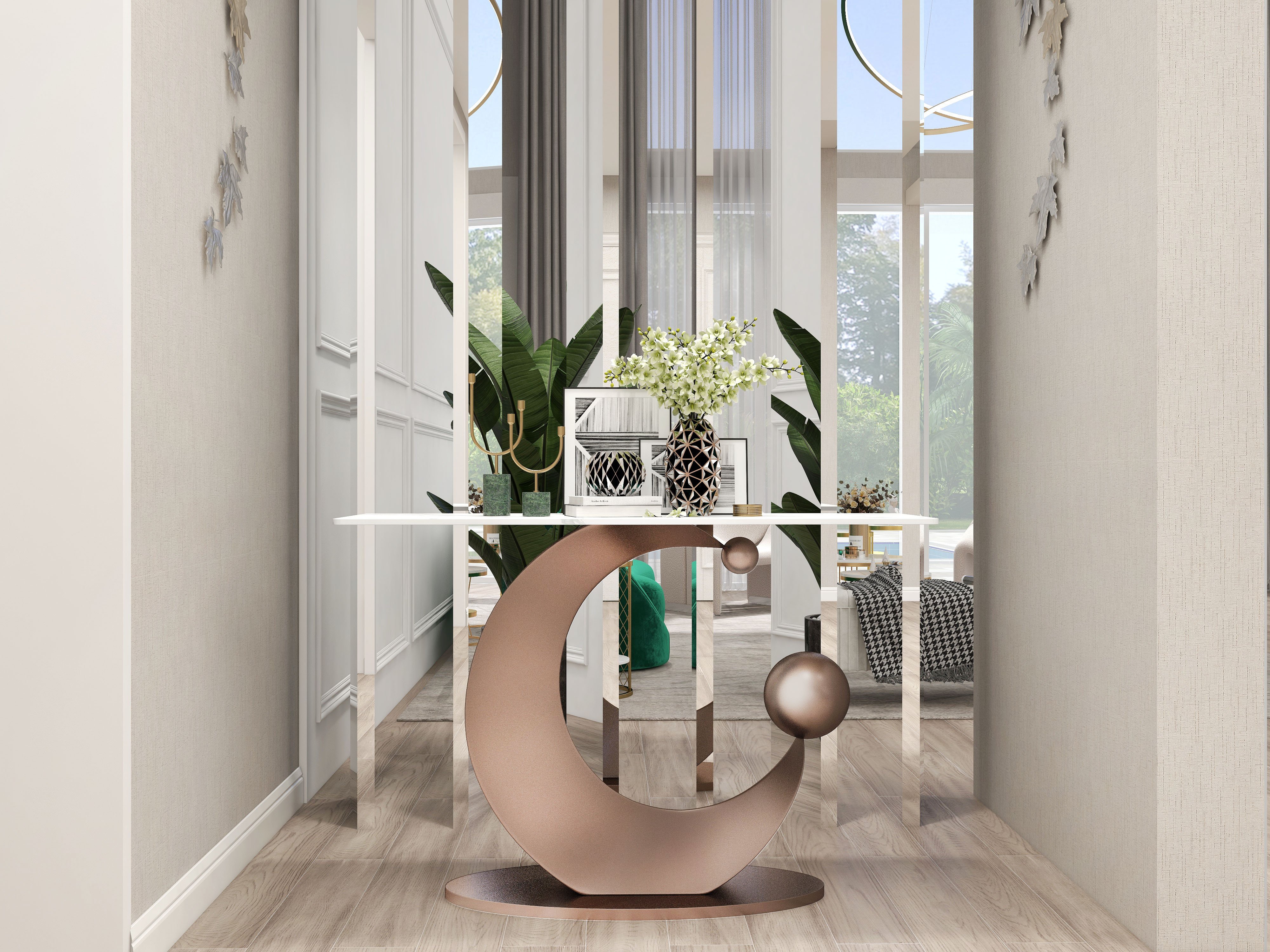 HMR - 47" Narrow Console Table White Sintered Stone Top & Half-Moon Carbon Steel Base