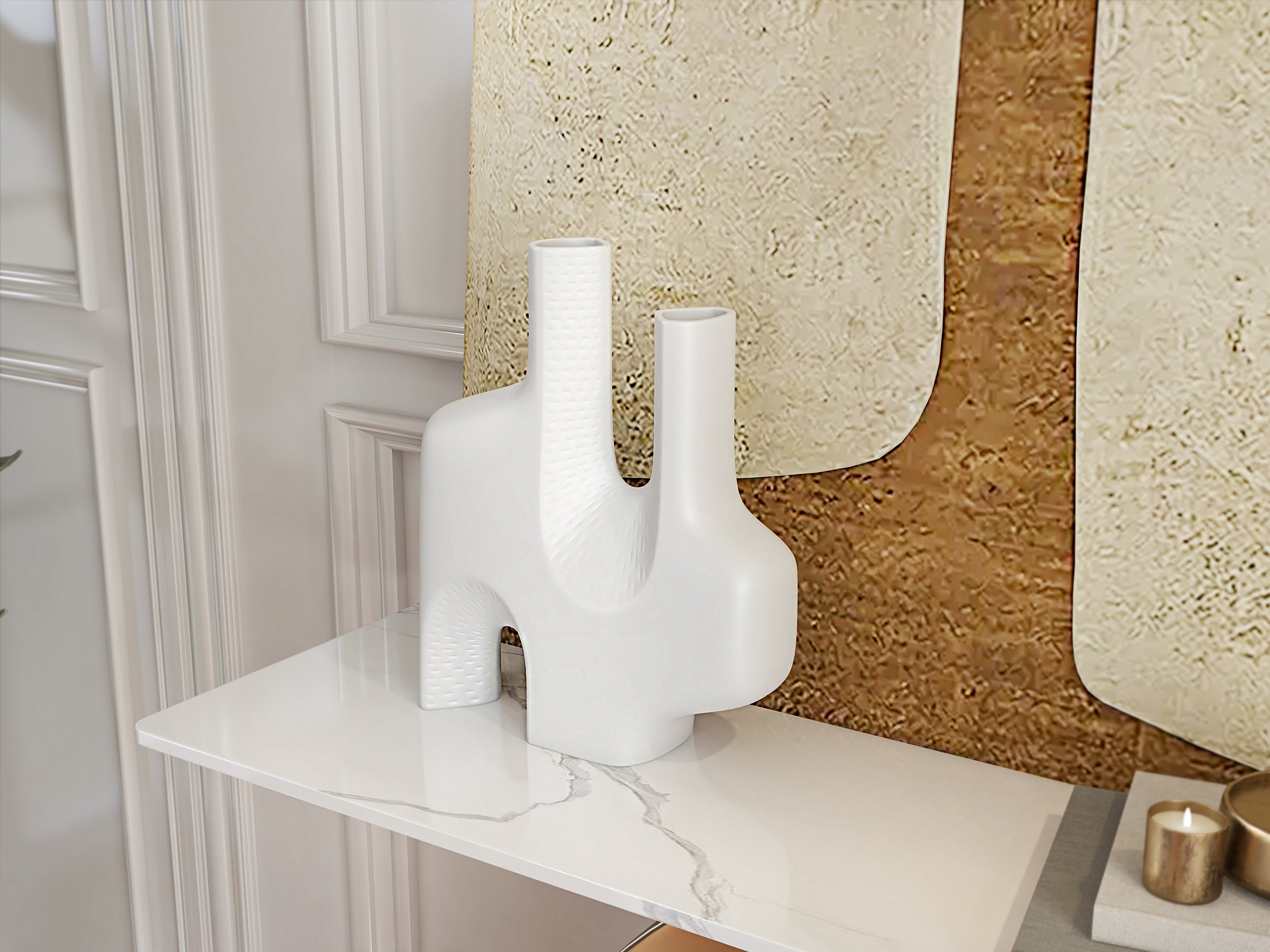 HMR - 47" Narrow Console Table White Sintered Stone Top & Half-Moon Carbon Steel Base