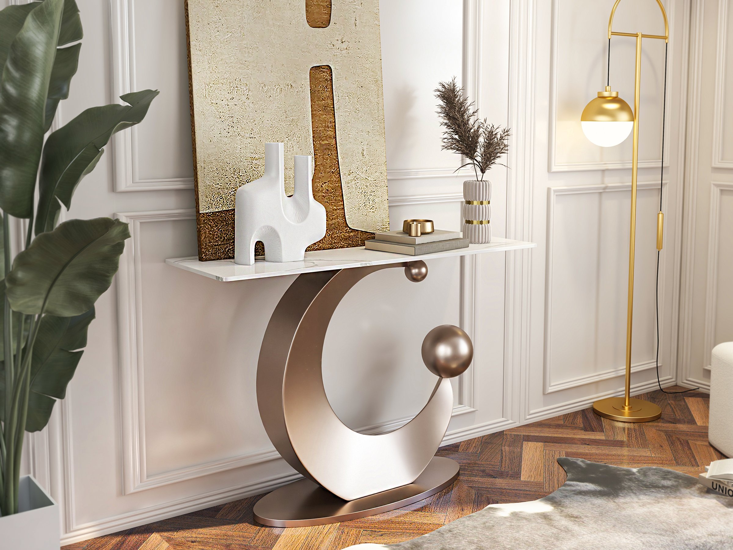 HMR - 47" Narrow Console Table White Sintered Stone Top & Half-Moon Carbon Steel Base