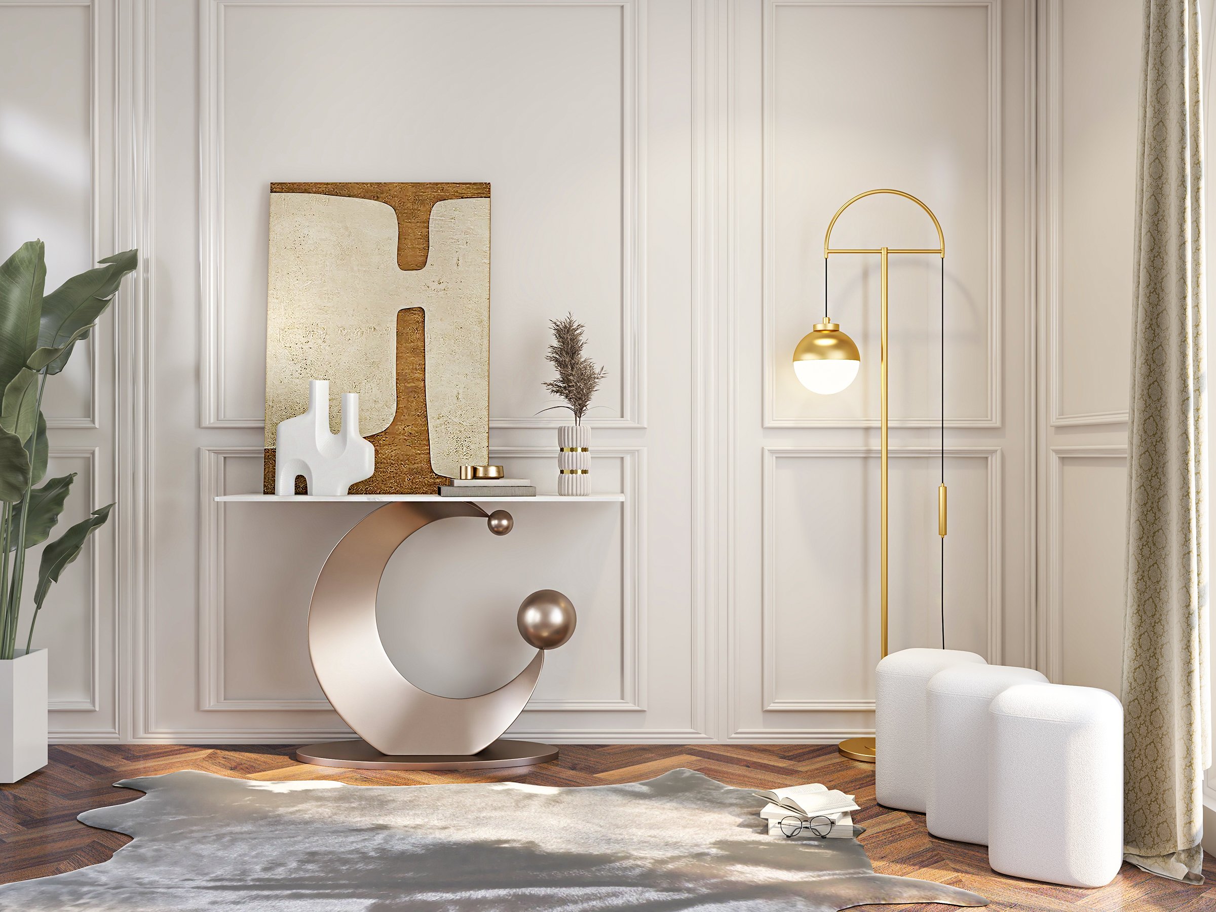 HMR - 47" Narrow Console Table White Sintered Stone Top & Half-Moon Carbon Steel Base