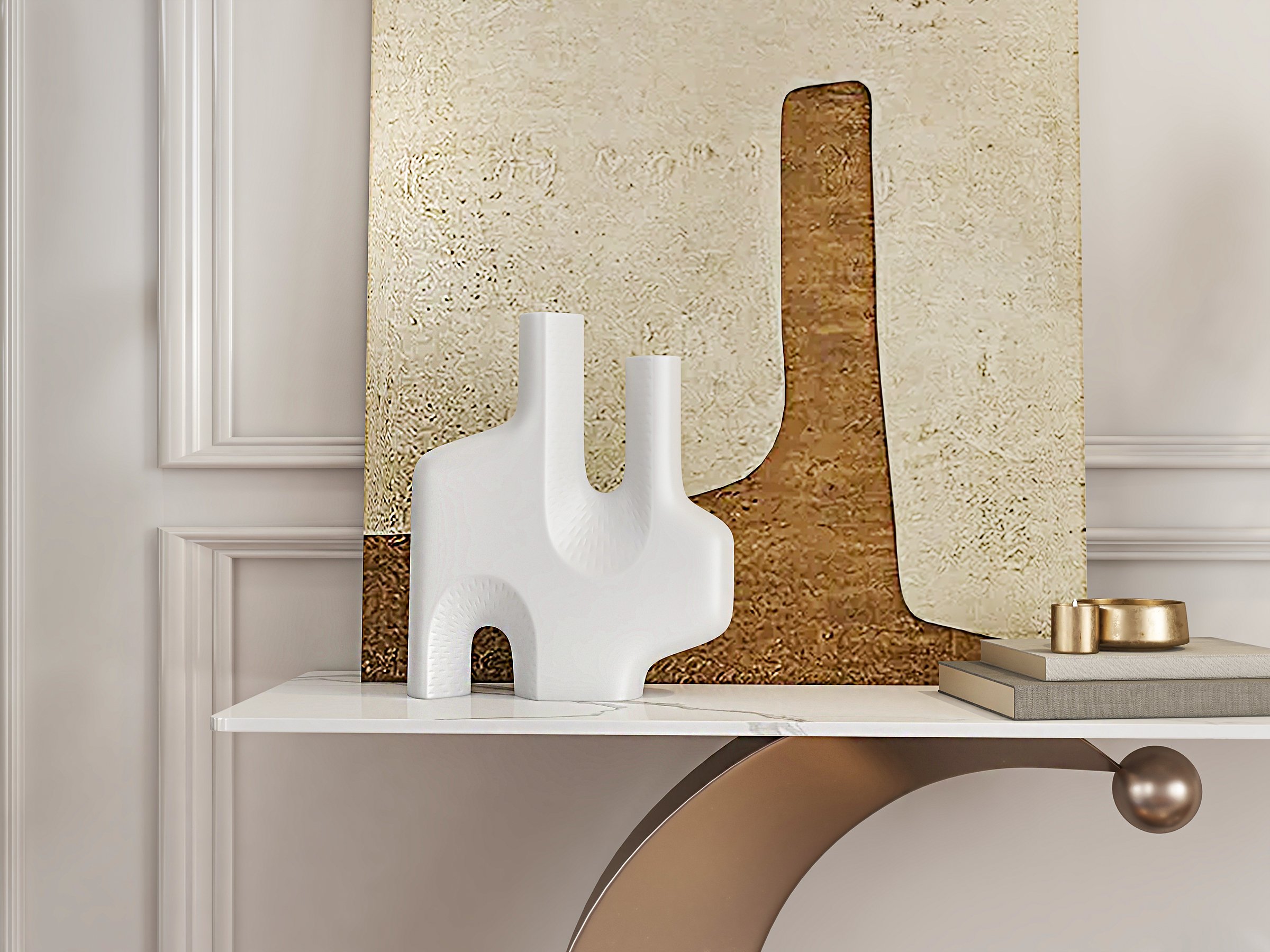 HMR - 47" Narrow Console Table White Sintered Stone Top & Half-Moon Carbon Steel Base