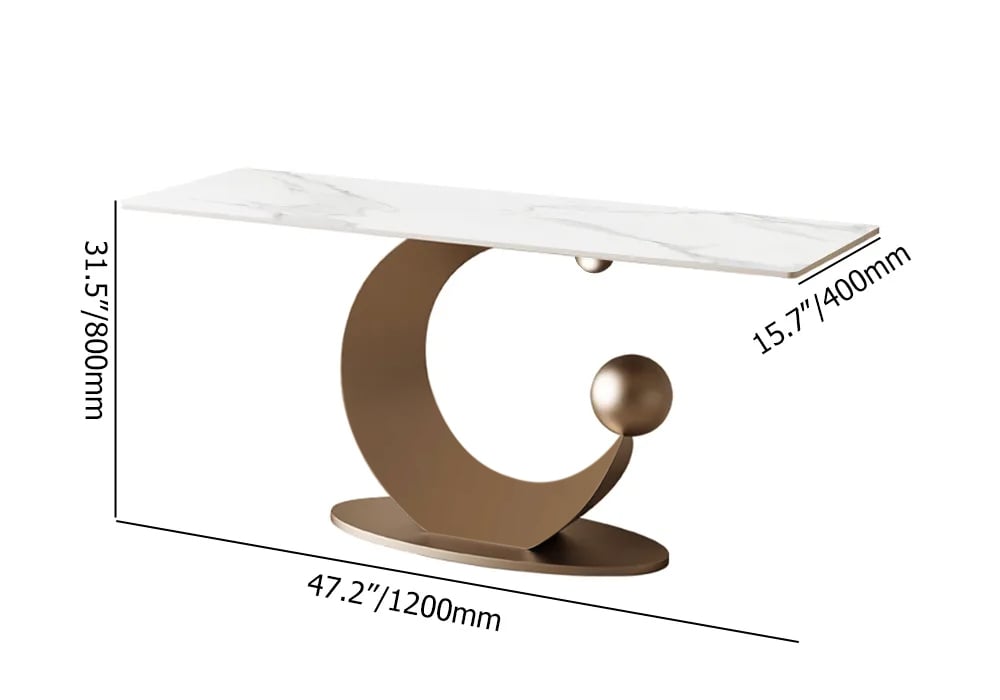 HMR - 47" Narrow Console Table White Sintered Stone Top & Half-Moon Carbon Steel Base