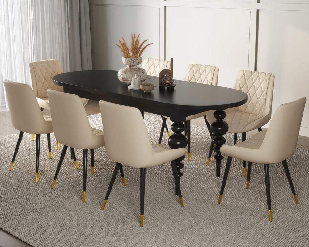 HMR Dining Set 67"-79" Extendable Dining Table - Black, Style A, With 8 Chairs