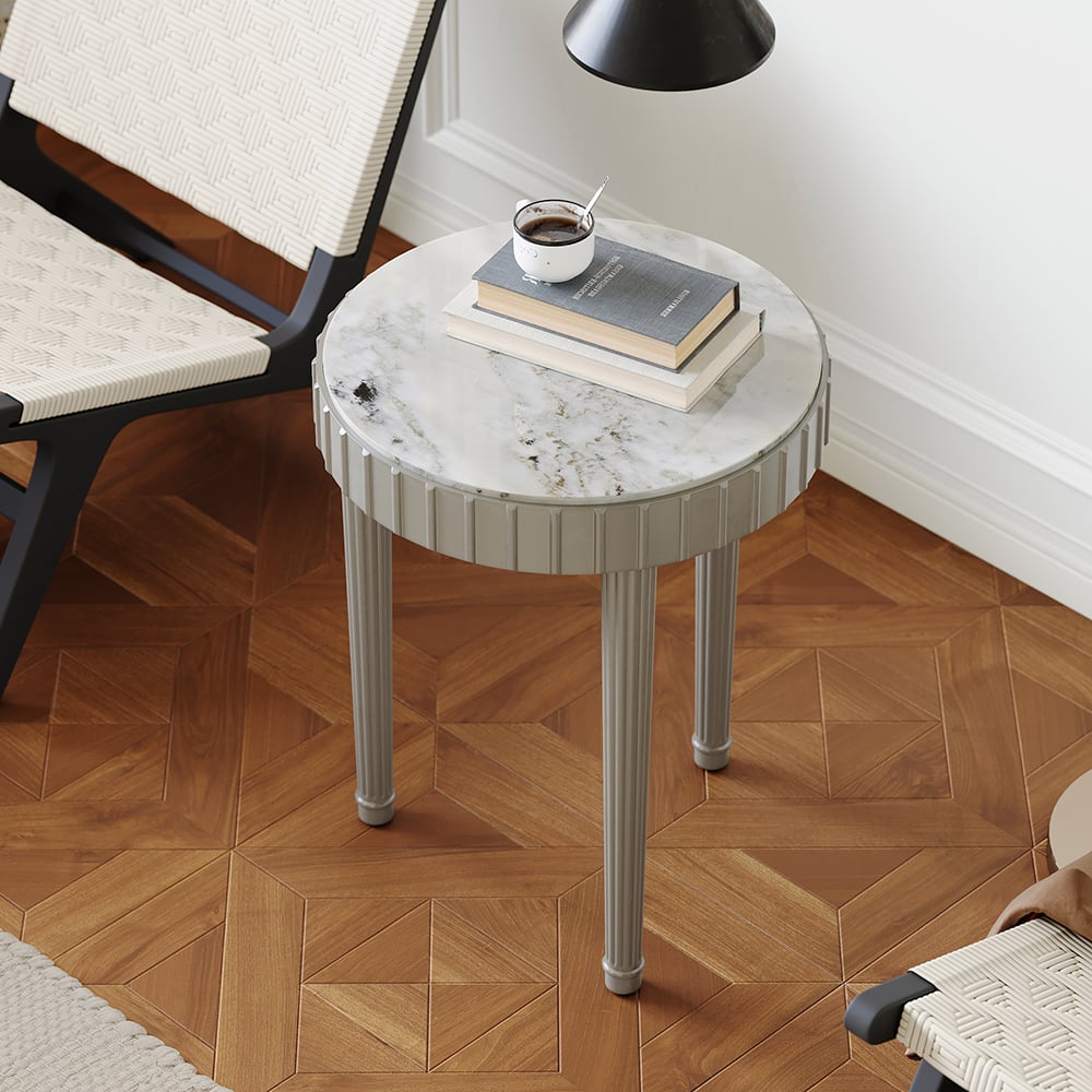 HMR - French Fluted Side Table with Faux Marble Top Gray End Table with 3 Wooden Legs