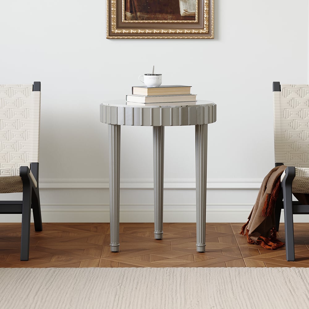 HMR - French Fluted Side Table with Faux Marble Top Gray End Table with 3 Wooden Legs