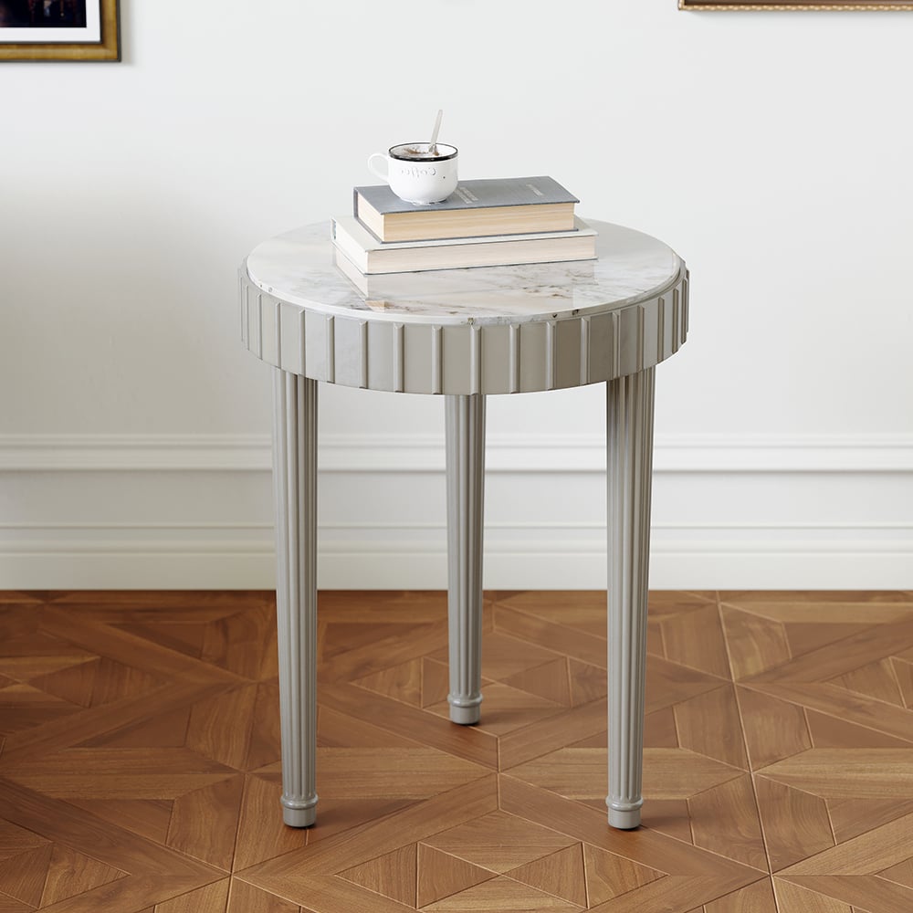 HMR - French Fluted Side Table with Faux Marble Top Gray End Table with 3 Wooden Legs
