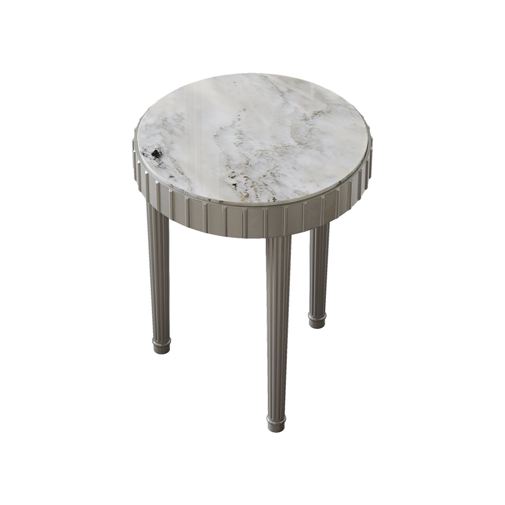 HMR - French Fluted Side Table with Faux Marble Top Gray End Table with 3 Wooden Legs