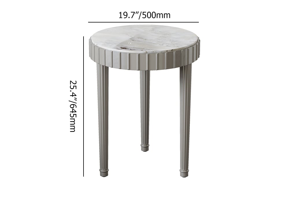 HMR - French Fluted Side Table with Faux Marble Top Gray End Table with 3 Wooden Legs
