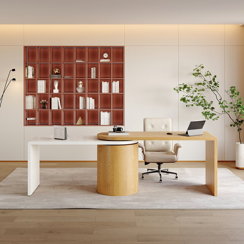 HMR Modern Set L-Shaped Desk & Reclining Leather Office Adjustable Swivel Chair - Natural & White