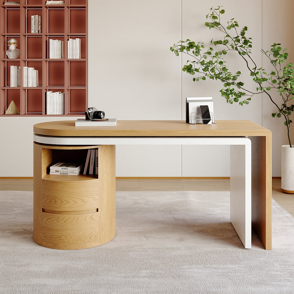 HMR Modern Set L-Shaped Desk & Reclining Leather Office Adjustable Swivel Chair - Natural & White