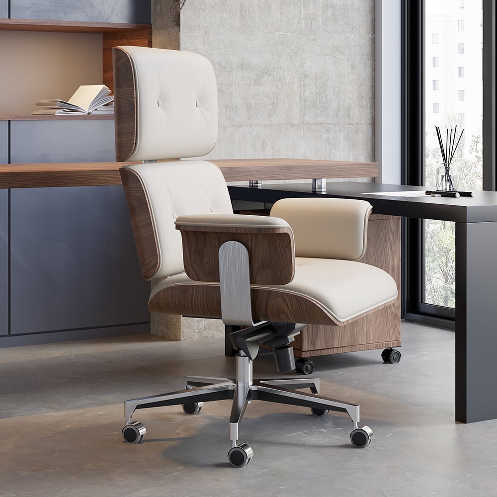 HMR Modern Set L-Shaped Desk & Reclining Leather Office Adjustable Swivel Chair - Natural & White