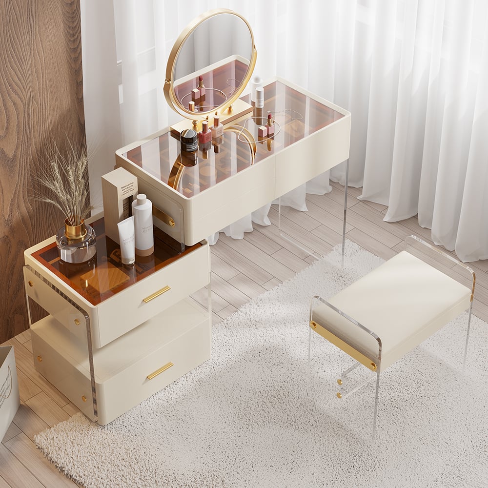 HMR - White Floating Extendable Makeup Vanity Set Acrylic with Removable Mirror & Stool