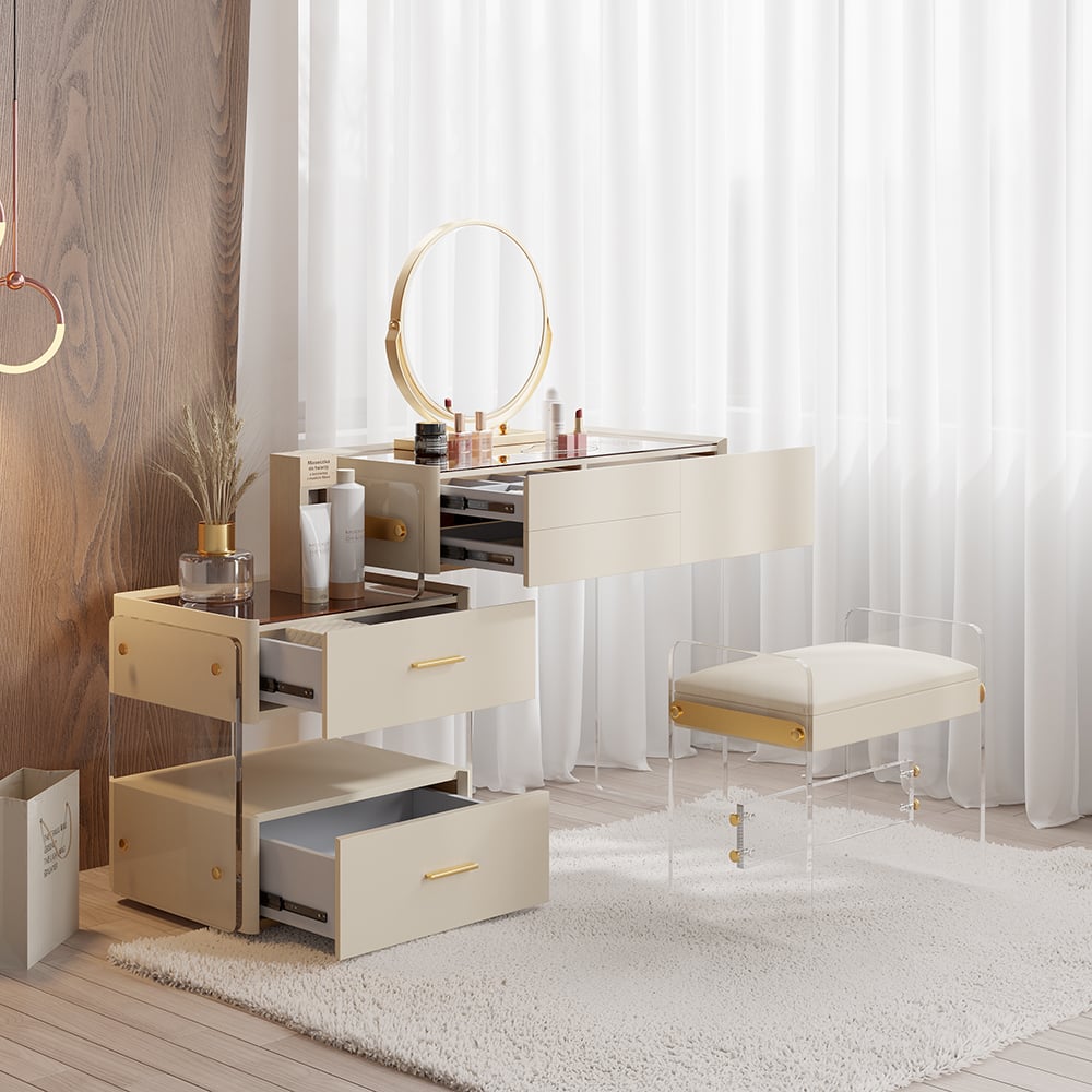 HMR - White Floating Extendable Makeup Vanity Set Acrylic with Removable Mirror & Stool