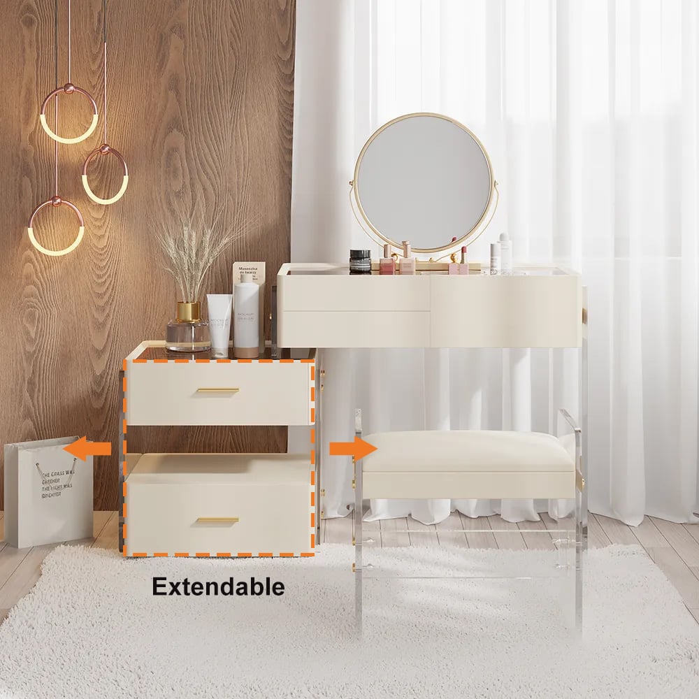 HMR - White Floating Extendable Makeup Vanity Set Acrylic with Removable Mirror & Stool