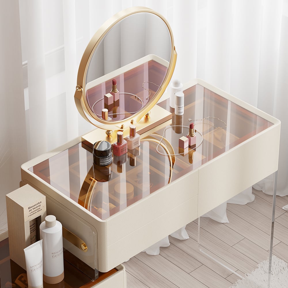 HMR - White Floating Extendable Makeup Vanity Set Acrylic with Removable Mirror & Stool