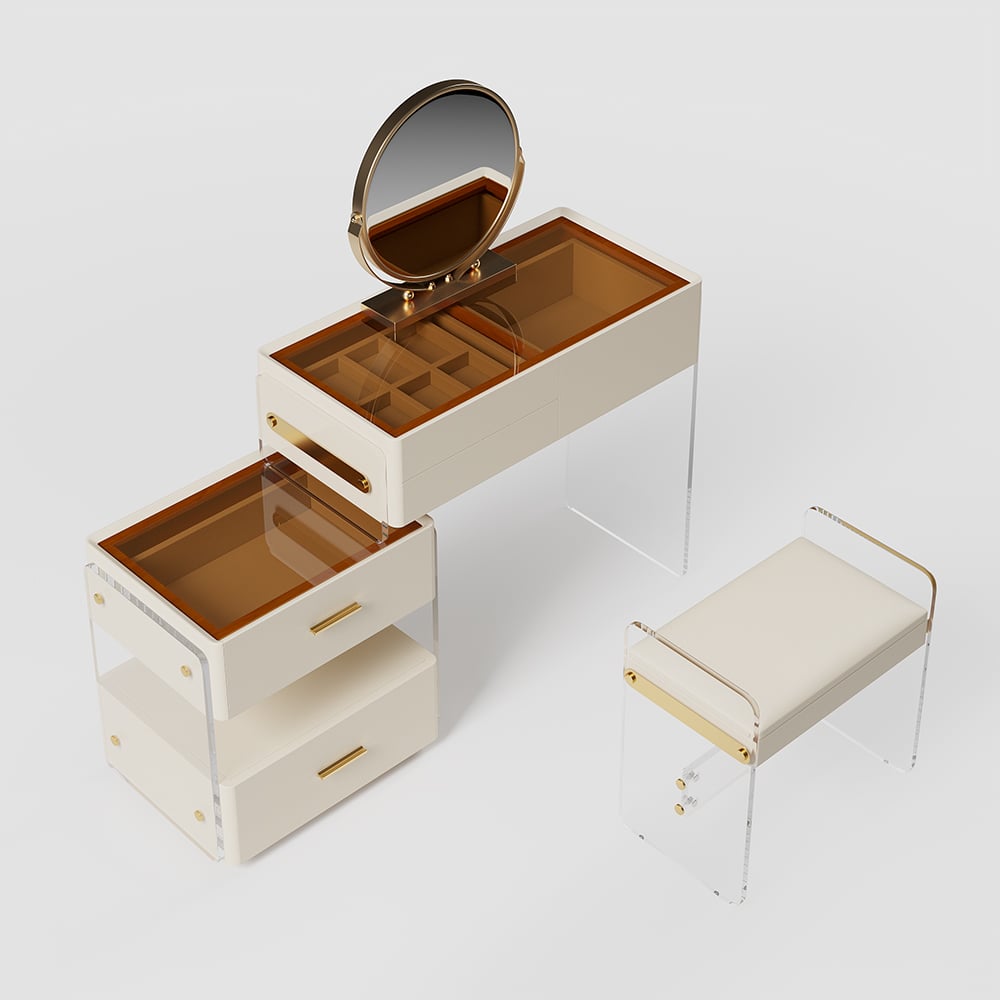 HMR - White Floating Extendable Makeup Vanity Set Acrylic with Removable Mirror & Stool