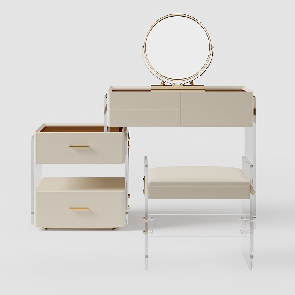 HMR - White Floating Extendable Makeup Vanity Set Acrylic with Removable Mirror & Stool