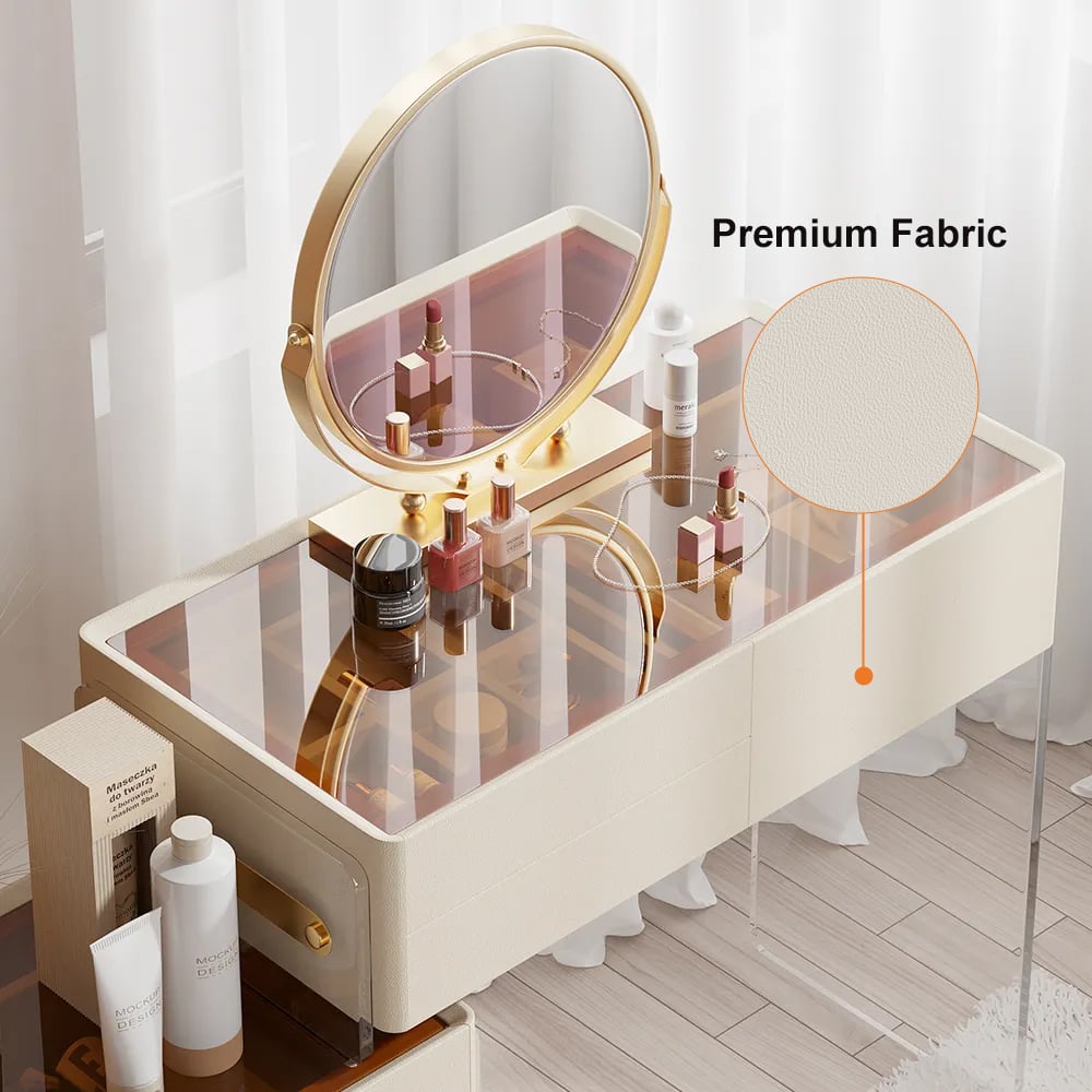 HMR - White Floating Extendable Makeup Vanity Set Acrylic with Removable Mirror & Stool