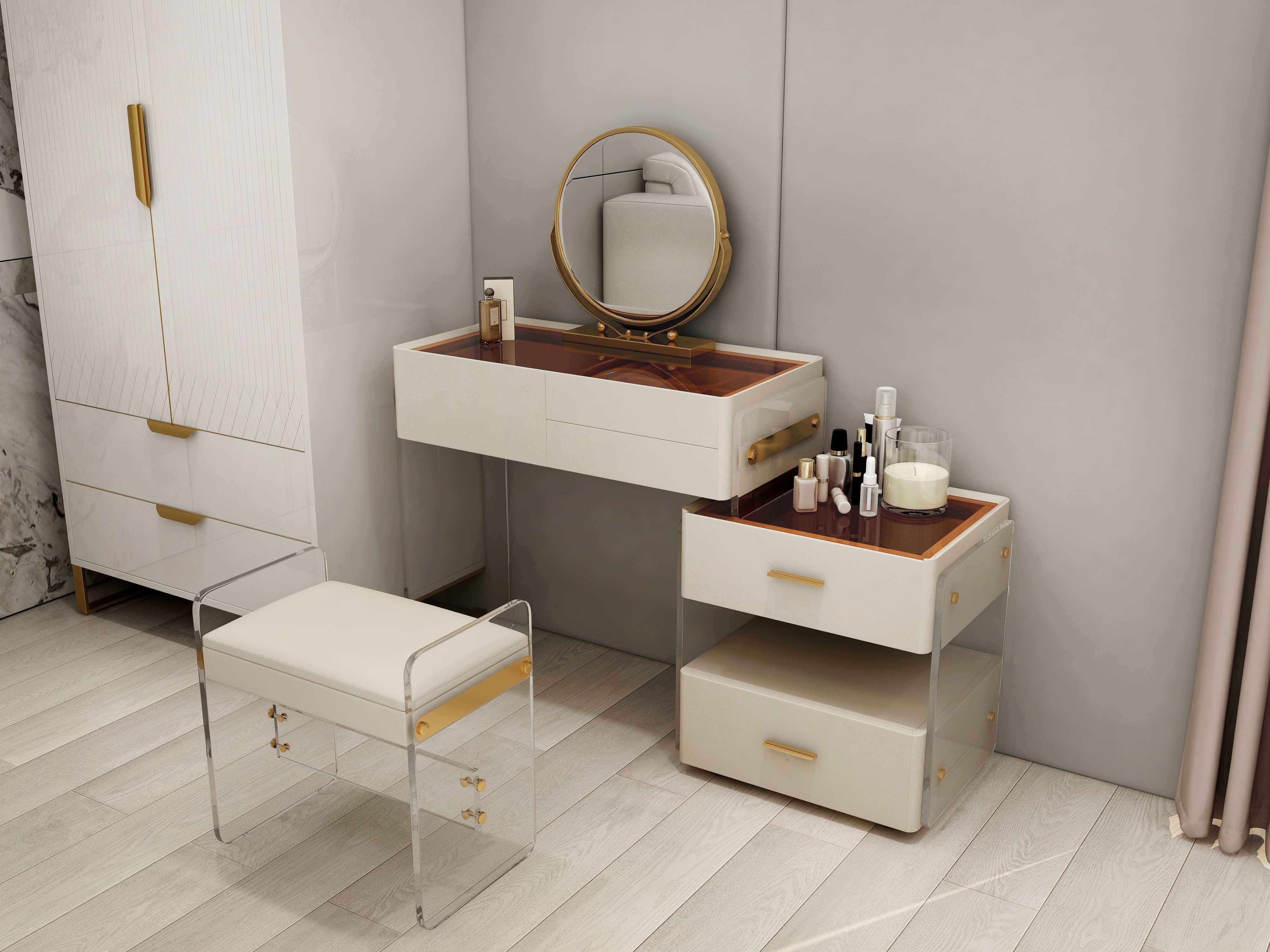 HMR - White Floating Extendable Makeup Vanity Set Acrylic with Removable Mirror & Stool