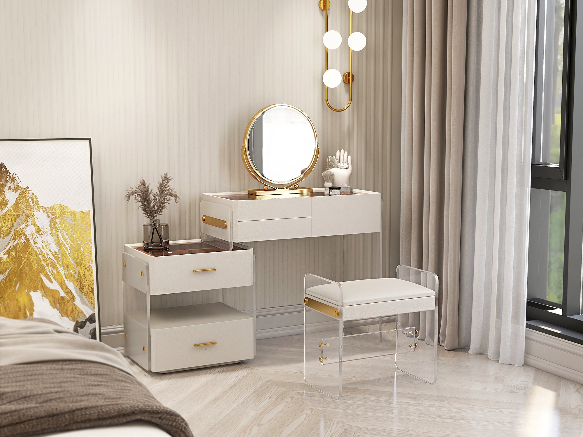 HMR - White Floating Extendable Makeup Vanity Set Acrylic with Removable Mirror & Stool