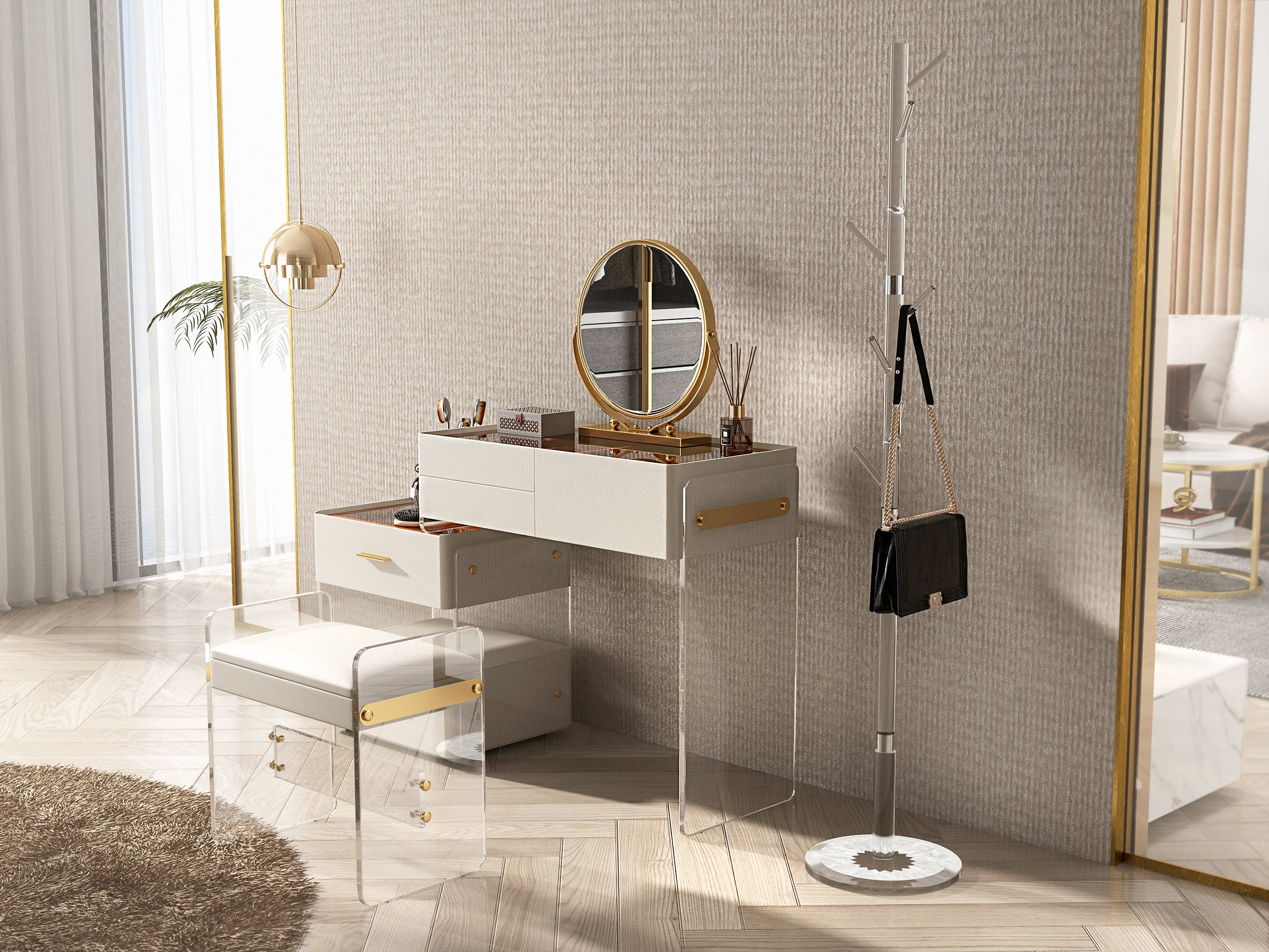HMR - White Floating Extendable Makeup Vanity Set Acrylic with Removable Mirror & Stool