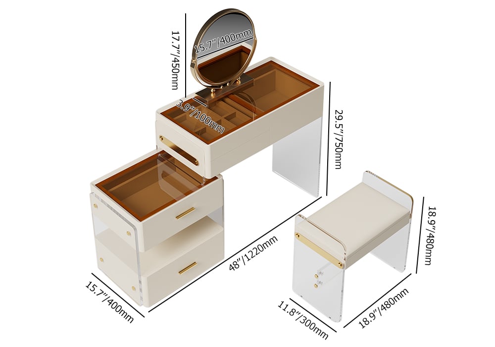 HMR - White Floating Extendable Makeup Vanity Set Acrylic with Removable Mirror & Stool