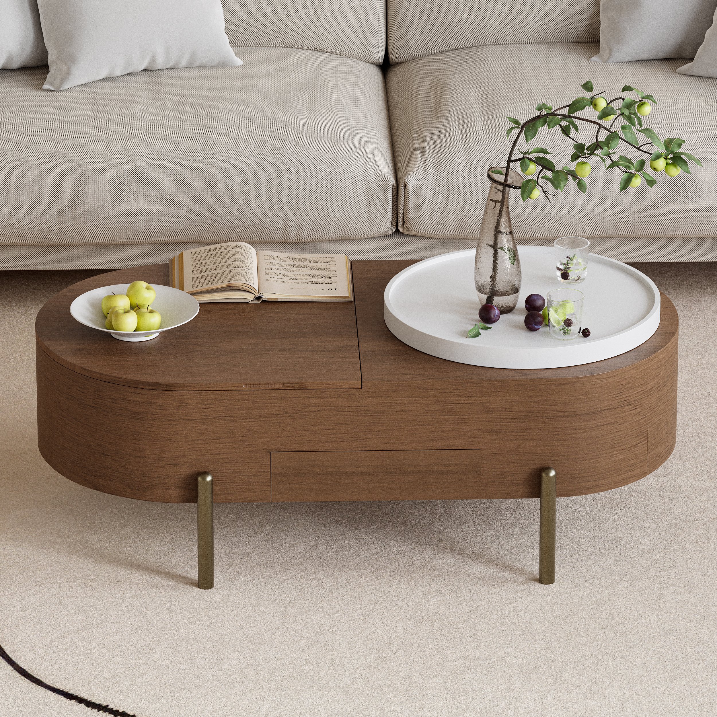 HMR - 47" Oval Lift-Top Walnut Coffee Table with Storage