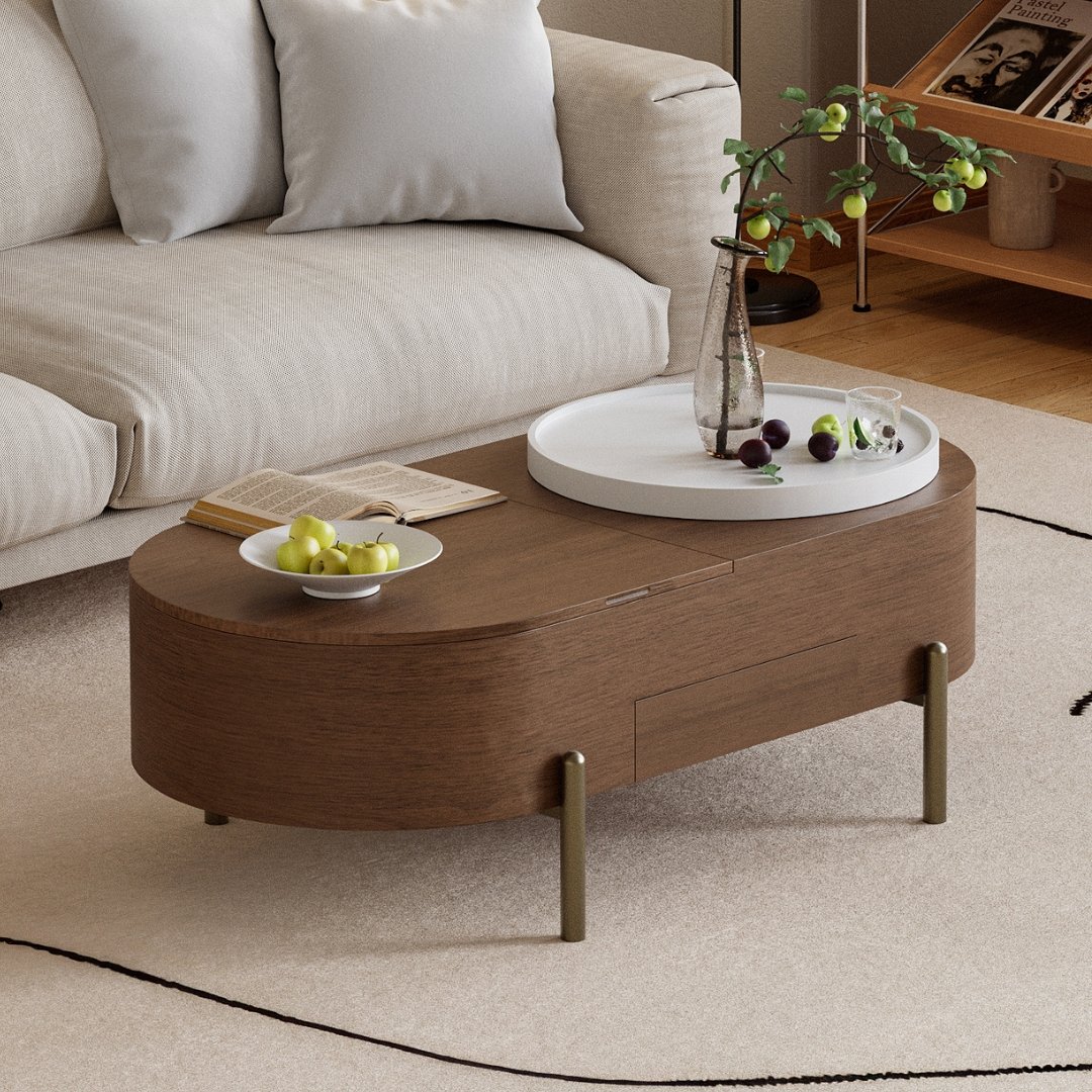 HMR - 47" Oval Lift-Top Walnut Coffee Table with Storage