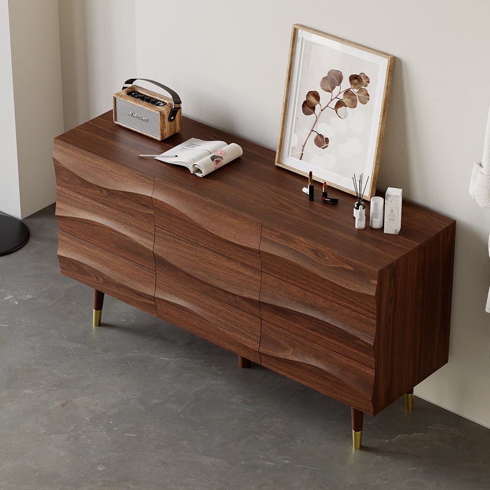 HMR - Lake 55" Mid Century Modern Walnut Wooden Dresser with 9 Drawers