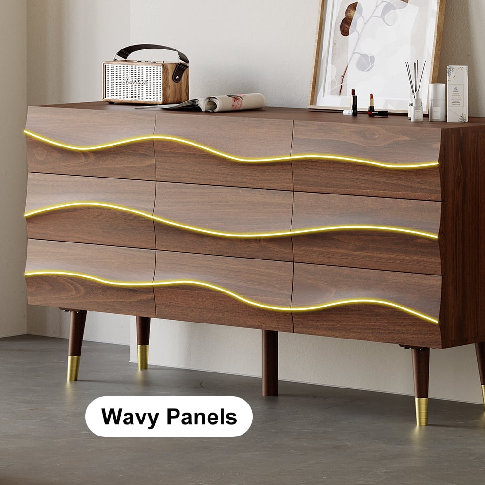 HMR - Lake 55" Mid Century Modern Walnut Wooden Dresser with 9 Drawers