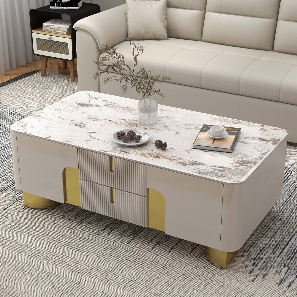 HMR - Artus Modern Beige Rectangle Large Coffee Table Drawers Sintered Stone Gold Base