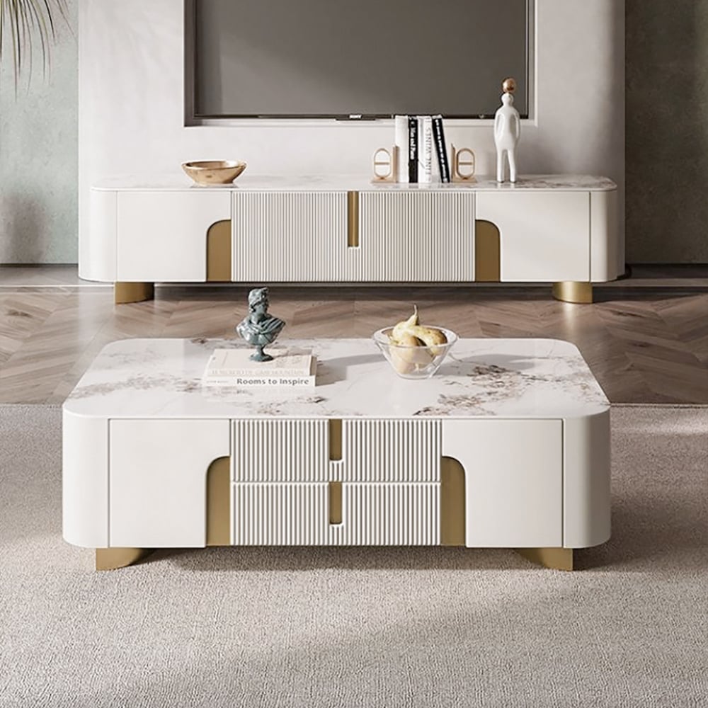 HMR - Artus Modern Beige Rectangle Large Coffee Table Drawers Sintered Stone Gold Base